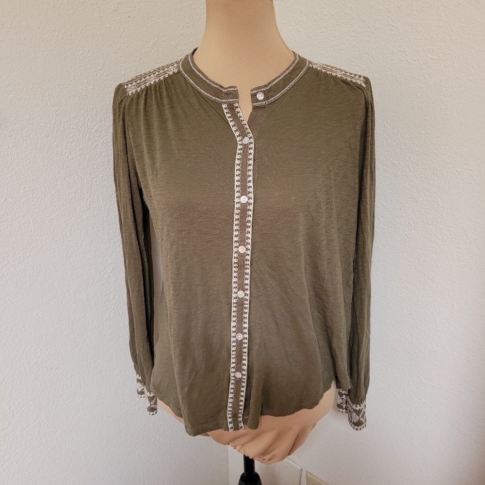 Lucky Brand Green Long Sleeve Embroidered Blouse
